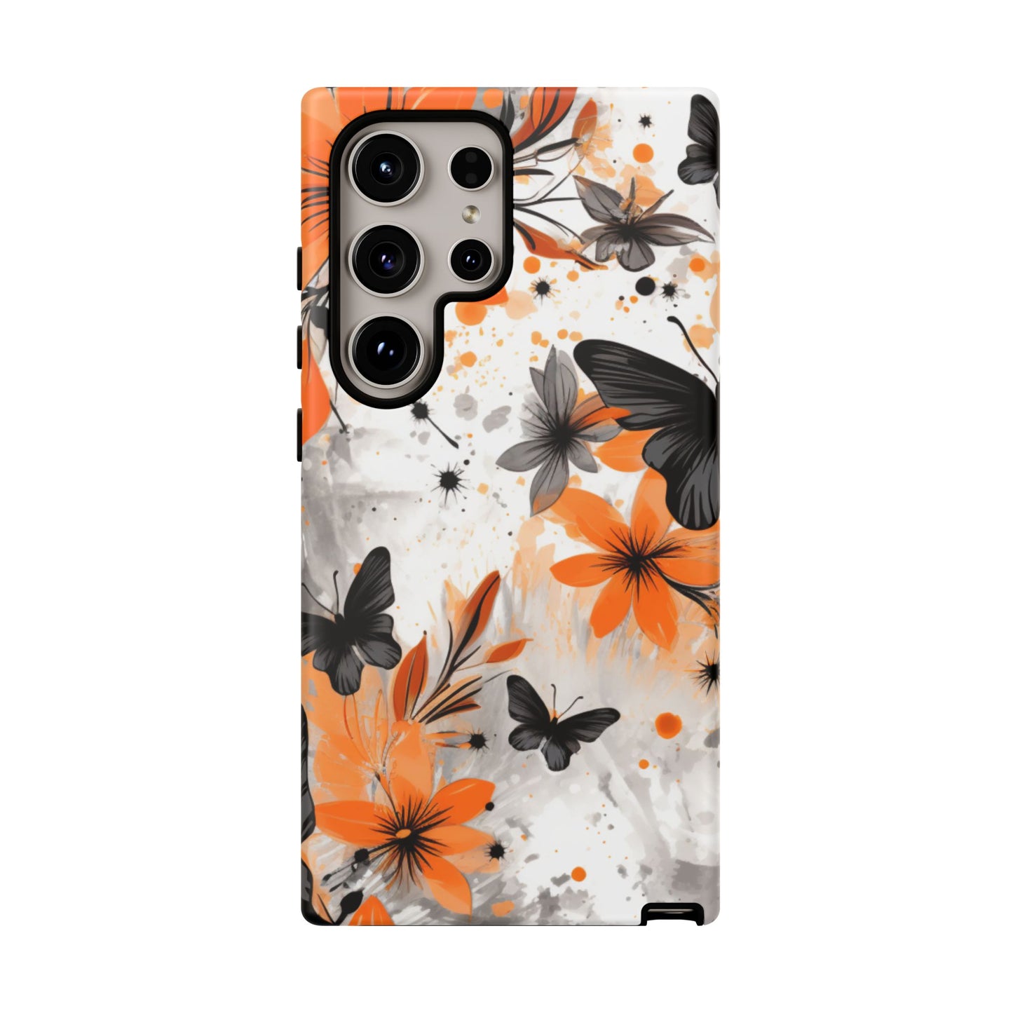 Bold Butterfly & Floral Splash Mobile Cover – Black & Orange Aesthetic