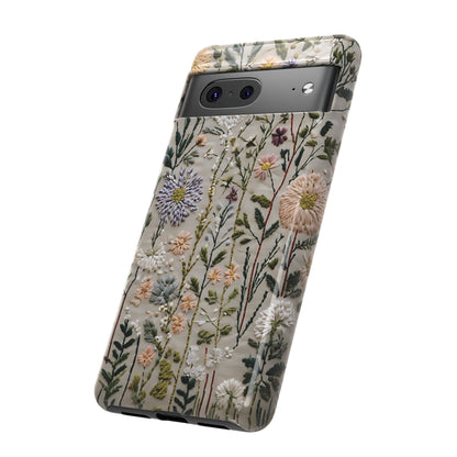 Intricate Embroidery Artwork Featuring Botanical Elements On Beige phone case design.