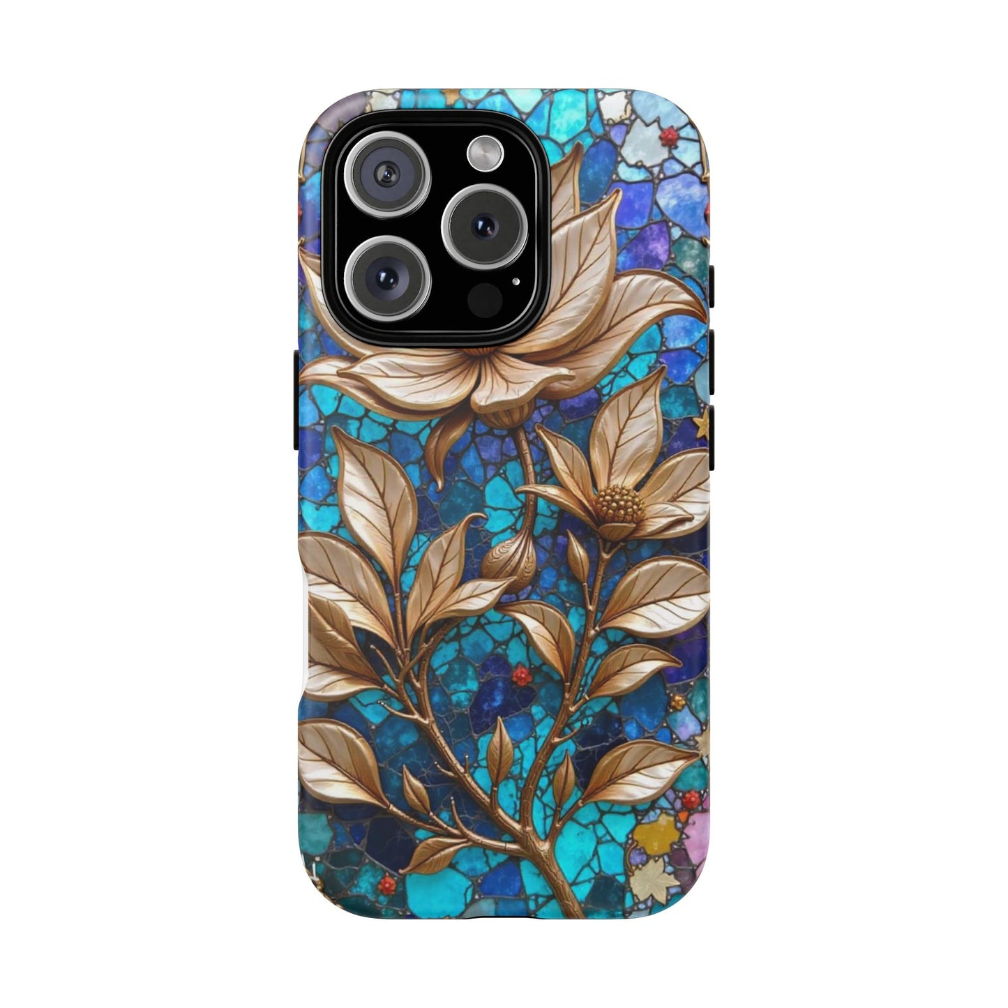 Golden Blossoms on Mosaic Blue Elegance