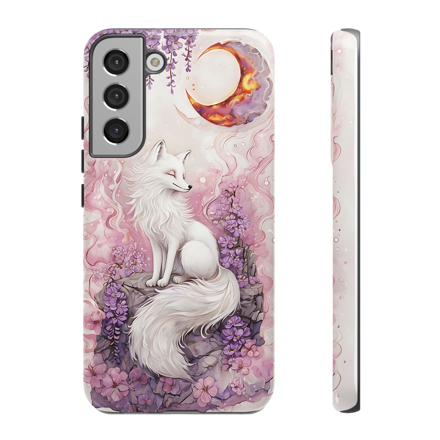 Whimsical White Fox Surrounded By Lavender And Pink Blooms phone case design.