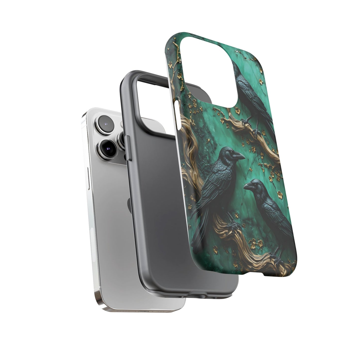 Three Black Ravens Perched On Gold-Accent Branches phone case design