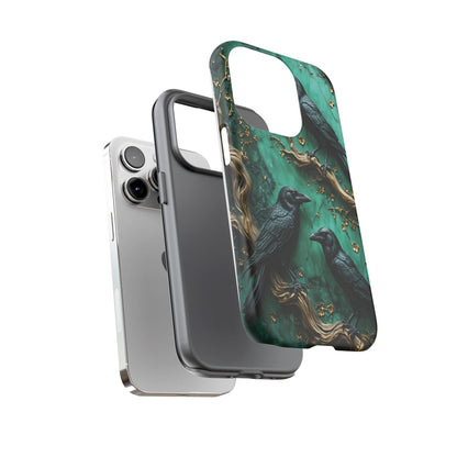 Three Black Ravens Perched On Gold-Accent Branches phone case design
