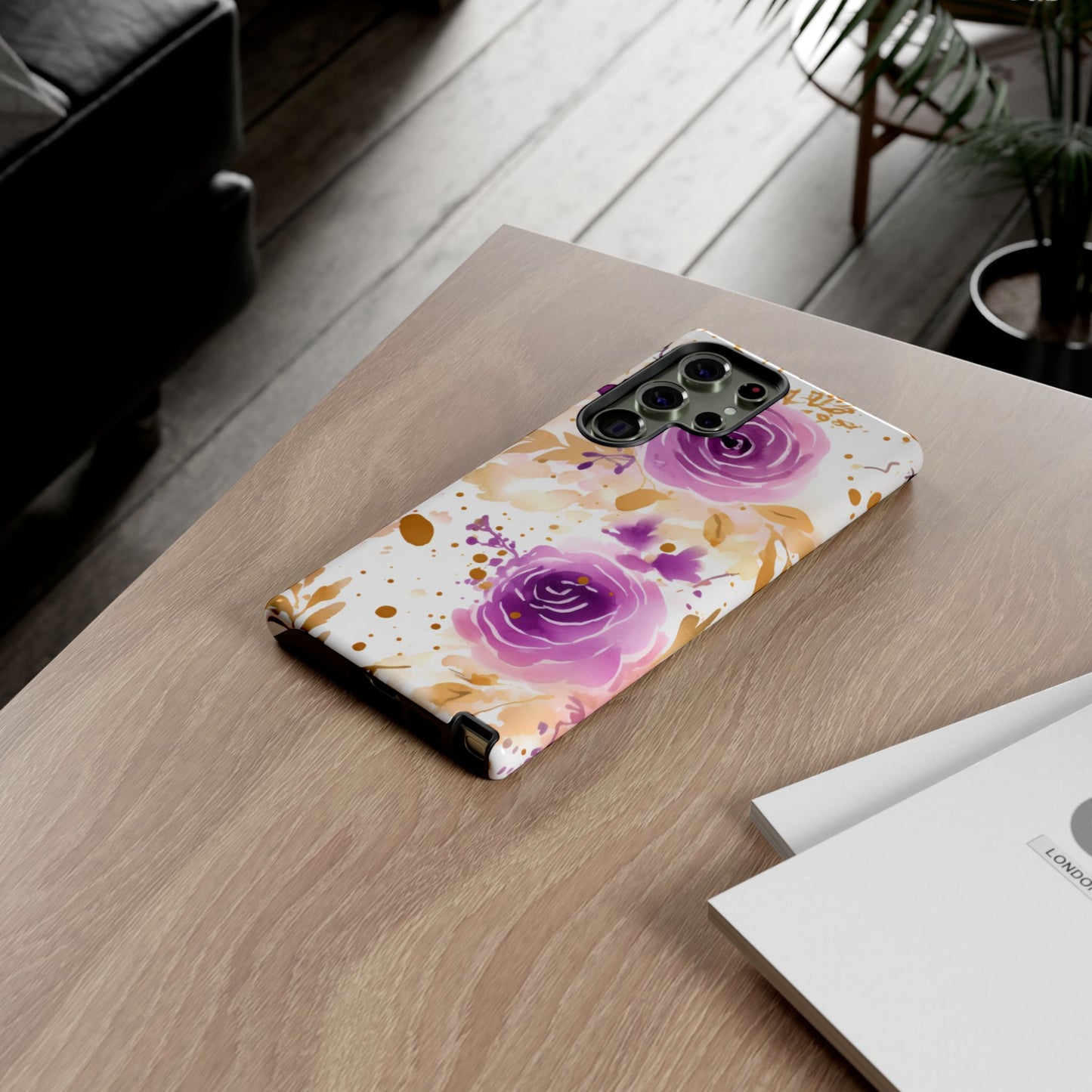 Purple Bloom Watercolor Mobile Case – Artistic Elegance in Gold & Lilac