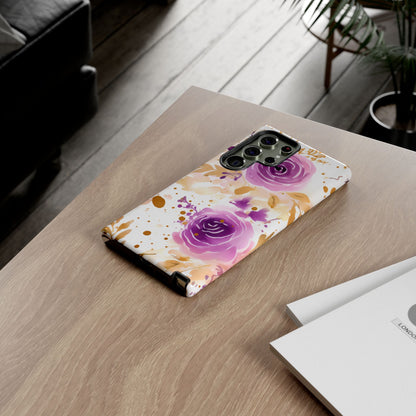 Purple Bloom Watercolor Mobile Case – Artistic Elegance in Gold & Lilac