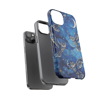 Surrealistic Owls Soaring Through A Celestial Night Sky phone case design.