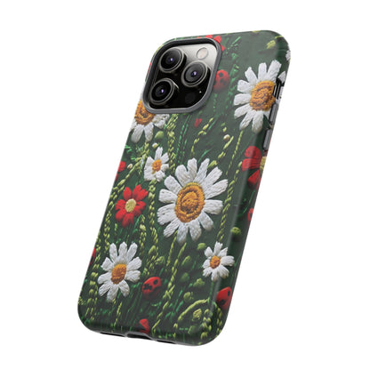 Intricate Embroidered Fabric Featuring Daisies And Ladybugs phone case design