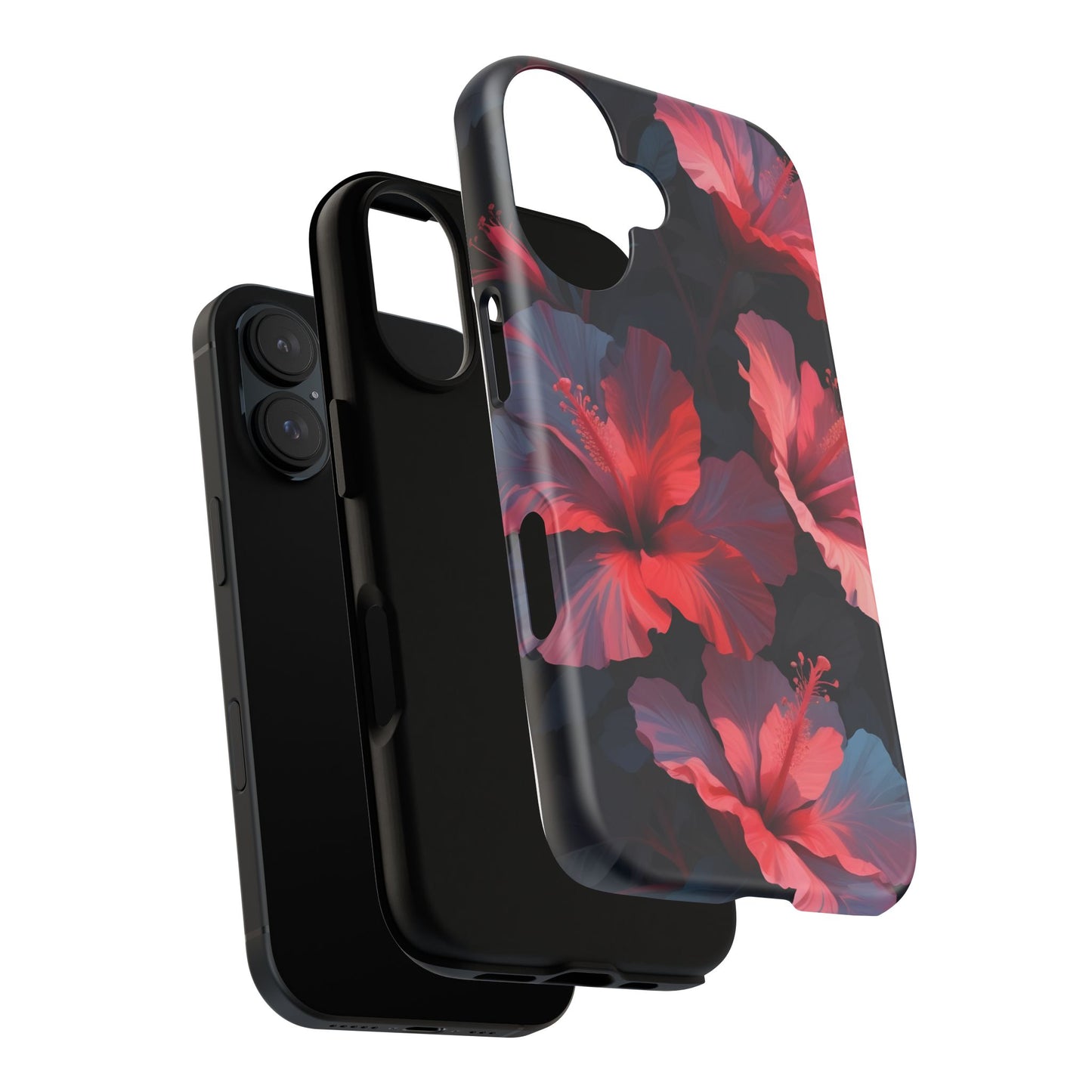 Vibrant red and pink hibiscus flowers blooming against a dark background| Floral phone case design