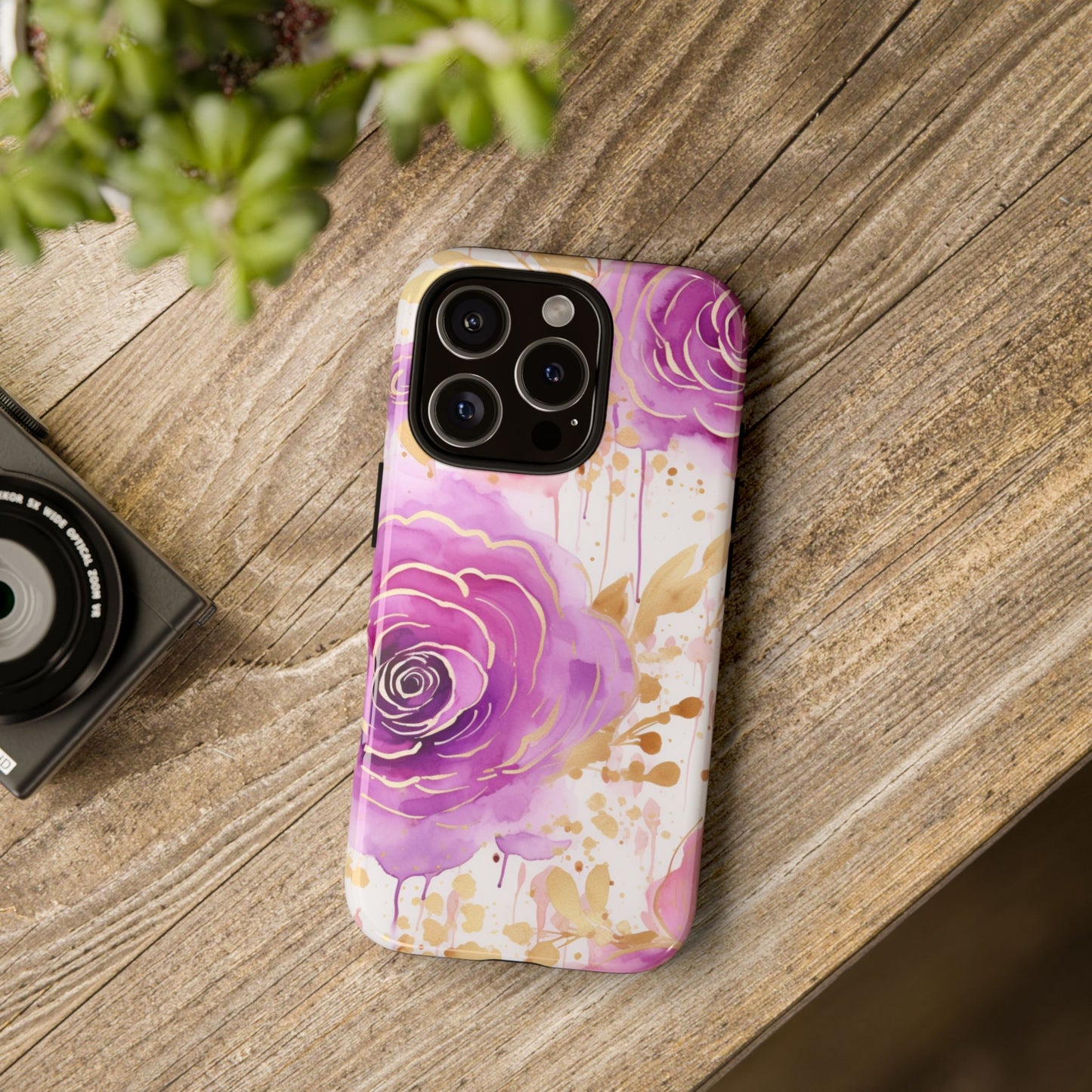 Elegant Purple-Gold Watercolor Rose Mobile Case
