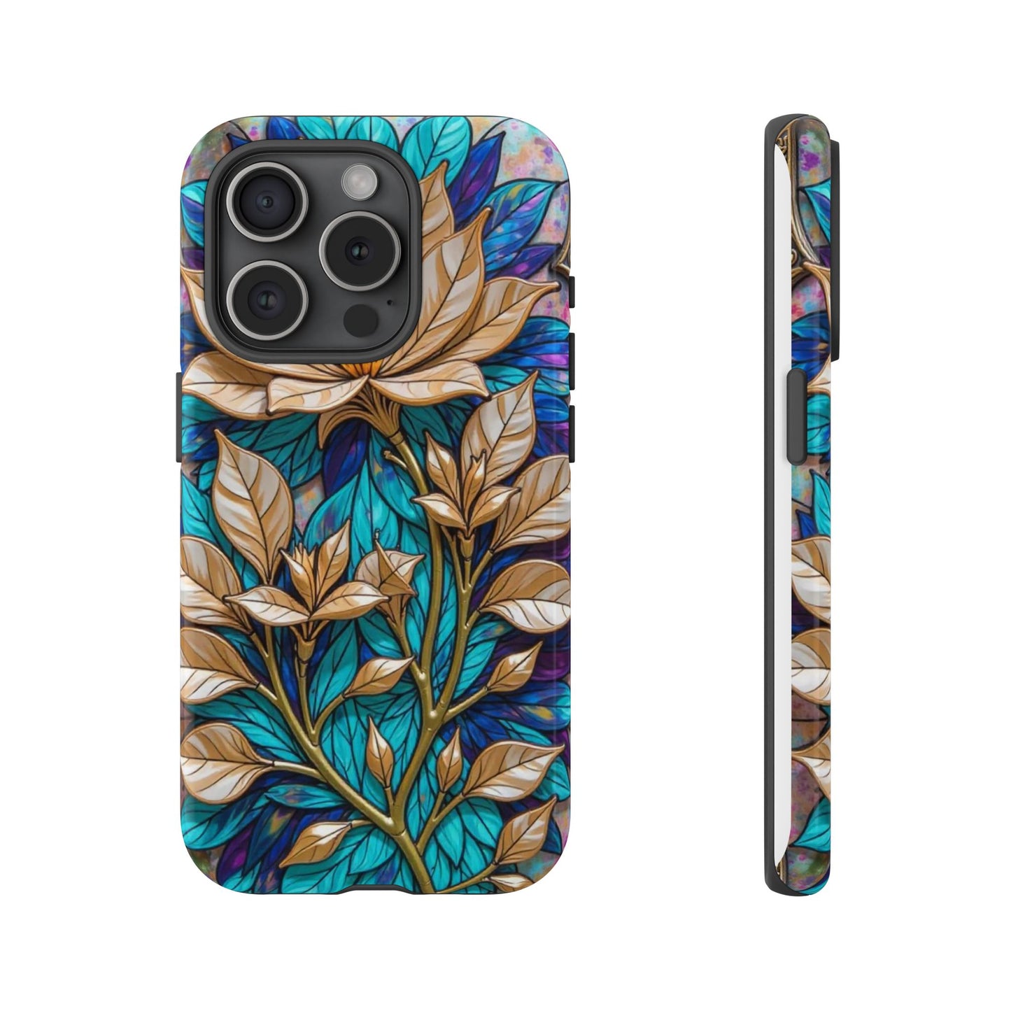 Majestic Golden Blossoms on Mosaic Blue Splendor