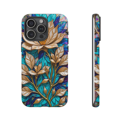 Majestic Golden Blossoms on Mosaic Blue Splendor