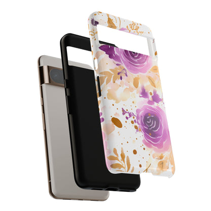 Purple Bloom Watercolor Mobile Case – Artistic Elegance in Gold & Lilac
