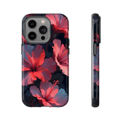 Vibrant red and pink hibiscus flowers blooming against a dark background| Floral phone case design
