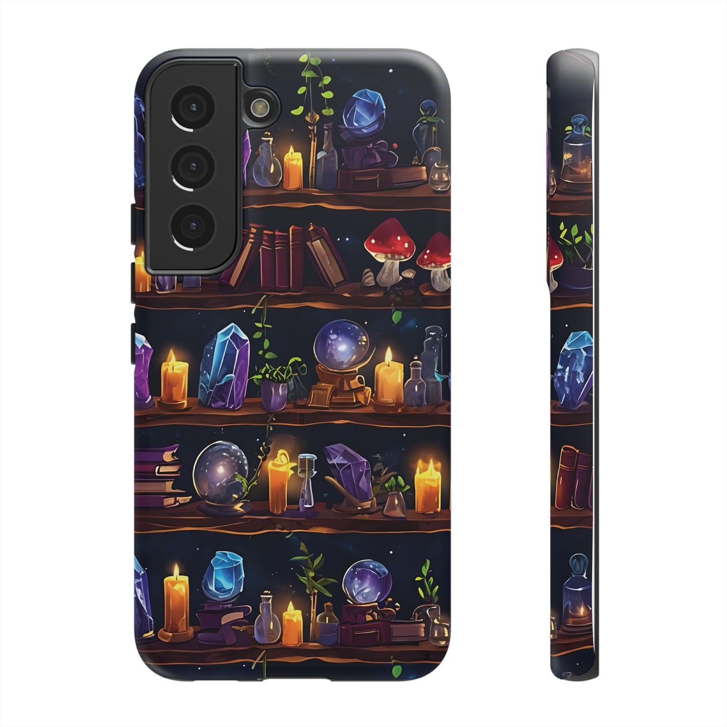 Fantasy Seamless Pattern Of Wooden Shelves Filled With Mystical Items phone case design.