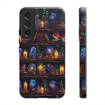 Fantasy Seamless Pattern Of Wooden Shelves Filled With Mystical Items phone case design.