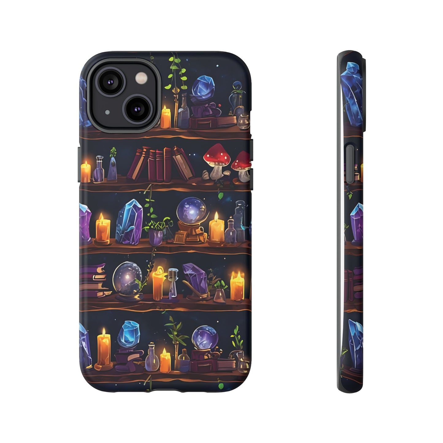 Fantasy Seamless Pattern Of Wooden Shelves Filled With Mystical Items phone case design.