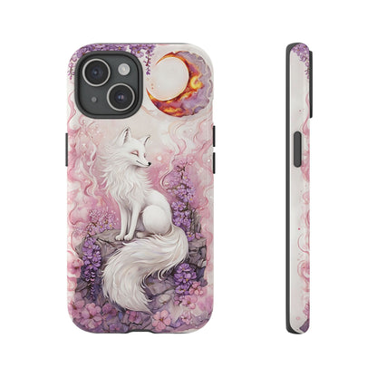 Whimsical White Fox Surrounded By Lavender And Pink Blooms phone case design.