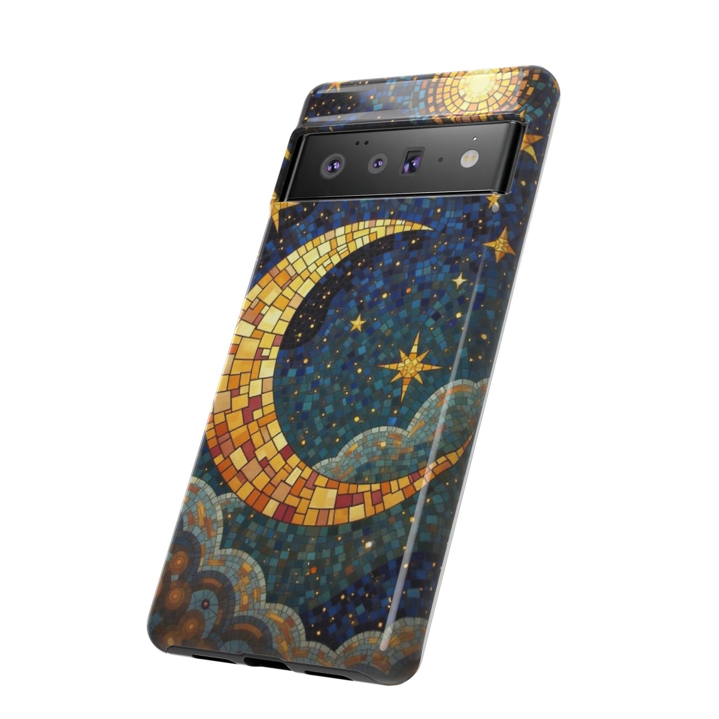 Golden Crescent: Mosaic Moon and Starry Night