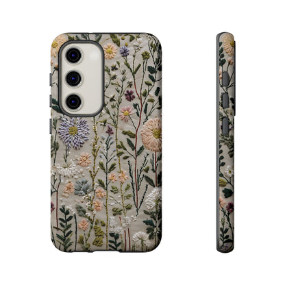 Intricate Embroidery Artwork Featuring Botanical Elements On Beige phone case design.