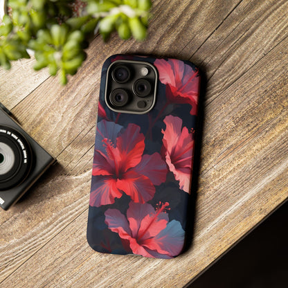 Vibrant red and pink hibiscus flowers blooming against a dark background| Floral phone case design