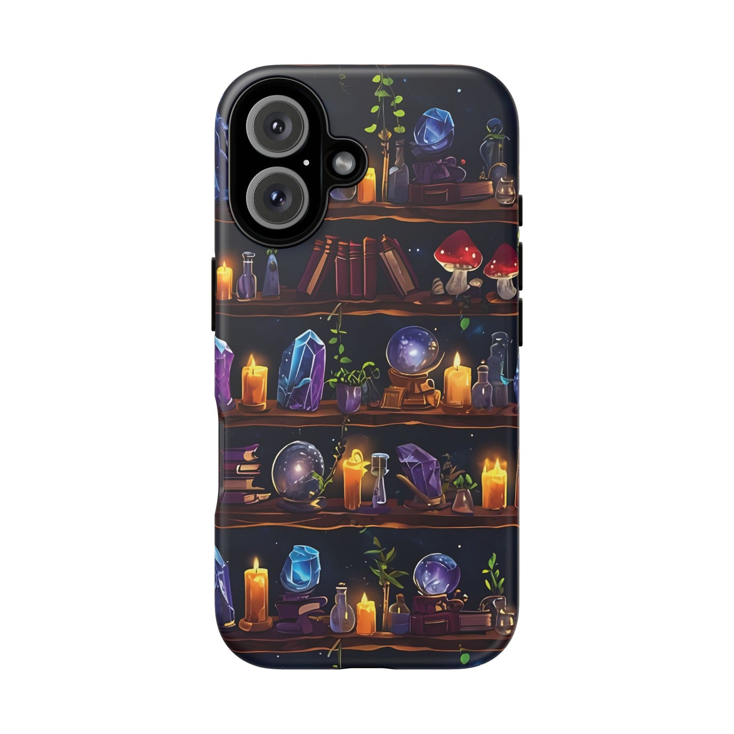 Fantasy Seamless Pattern Of Wooden Shelves Filled With Mystical Items phone case design.
