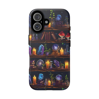 Fantasy Seamless Pattern Of Wooden Shelves Filled With Mystical Items phone case design.