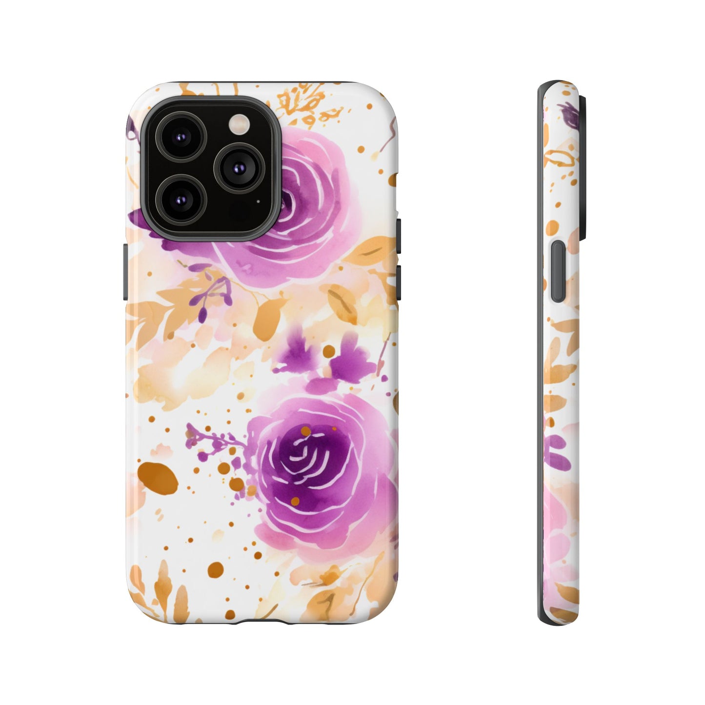 Purple Bloom Watercolor Mobile Case – Artistic Elegance in Gold & Lilac