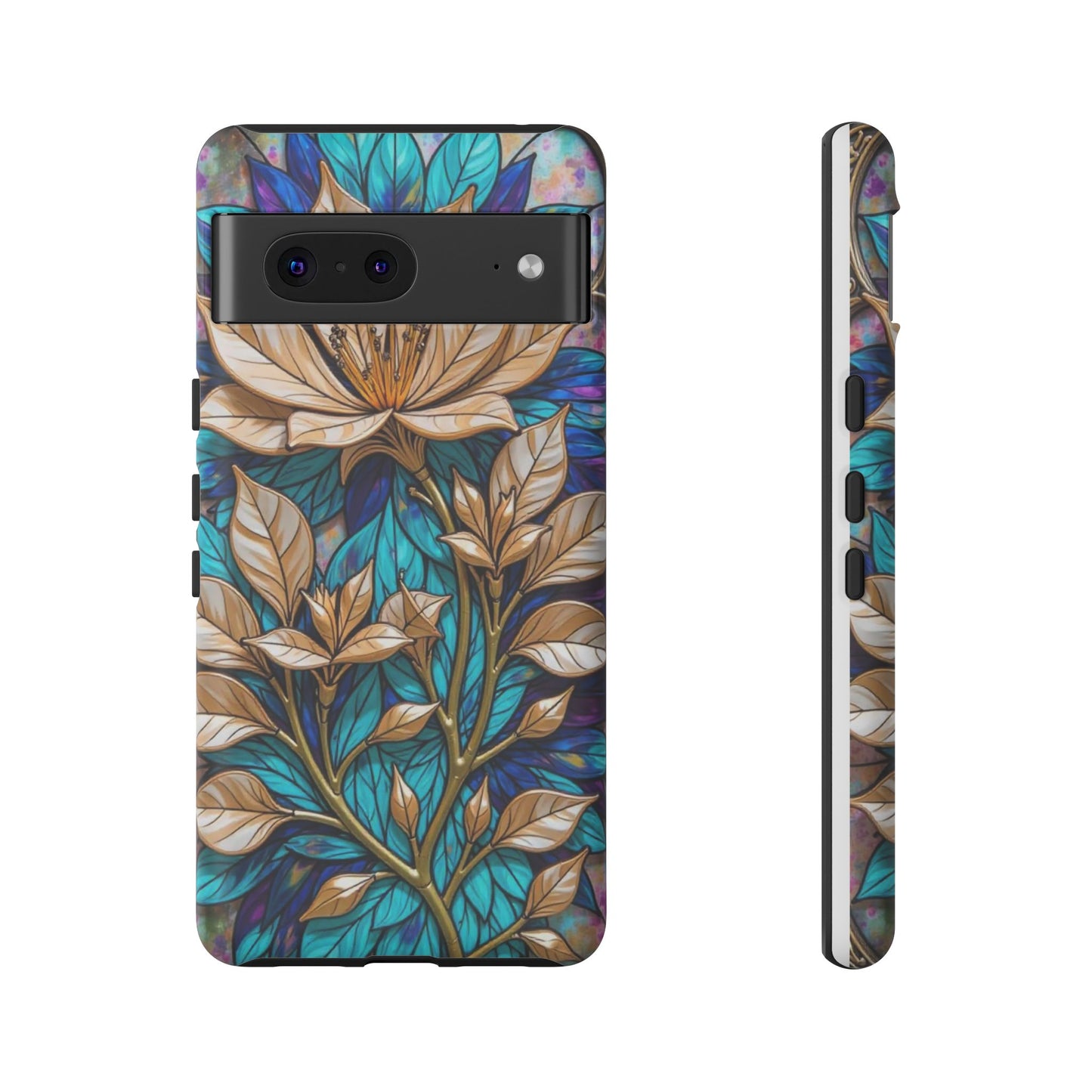 Majestic Golden Blossoms on Mosaic Blue Splendor