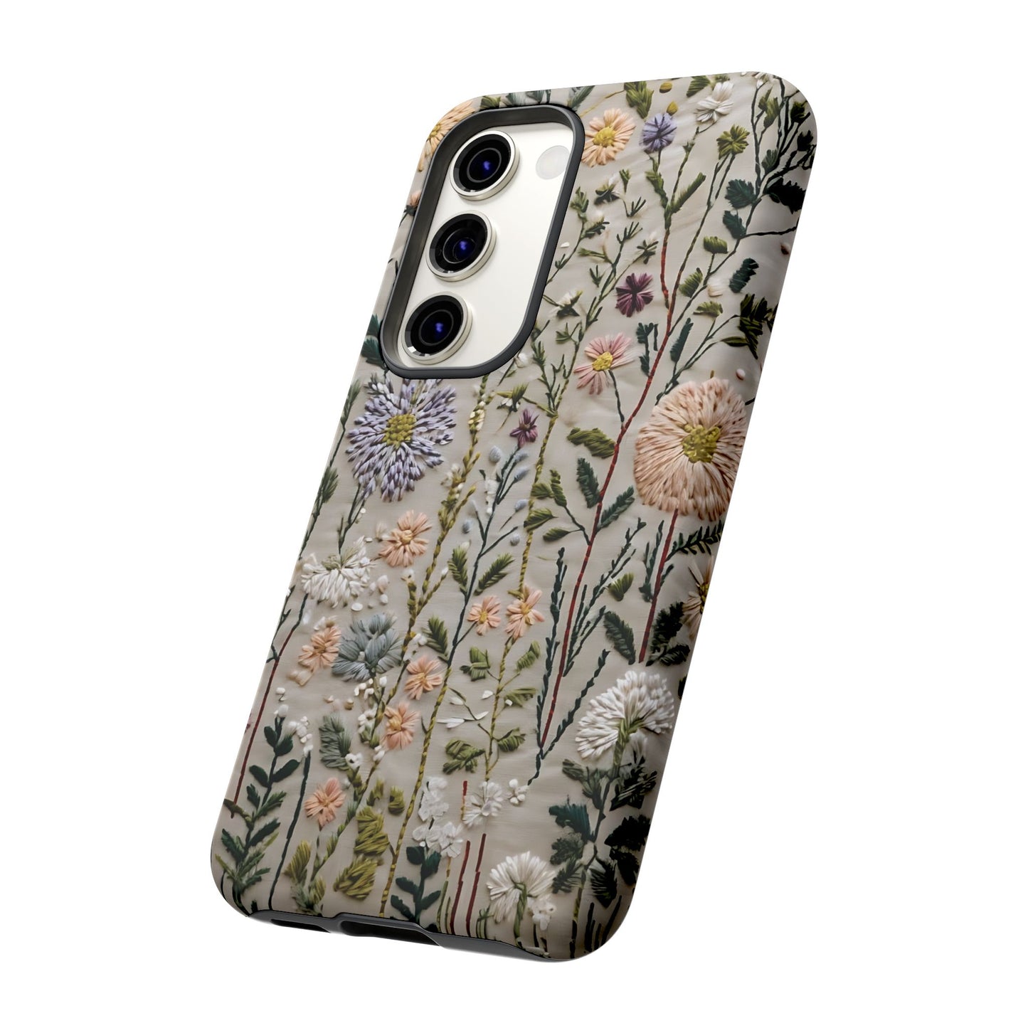 Intricate Embroidery Artwork Featuring Botanical Elements On Beige phone case design.