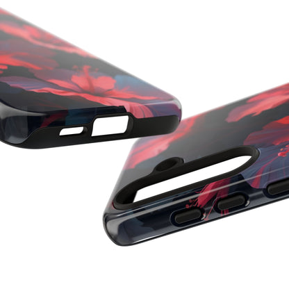 Vibrant red and pink hibiscus flowers blooming against a dark background| Floral phone case design