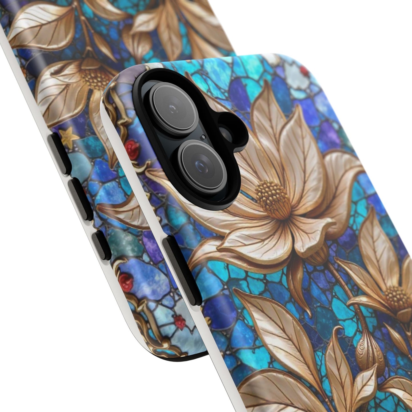 Golden Blossoms on Mosaic Blue Elegance