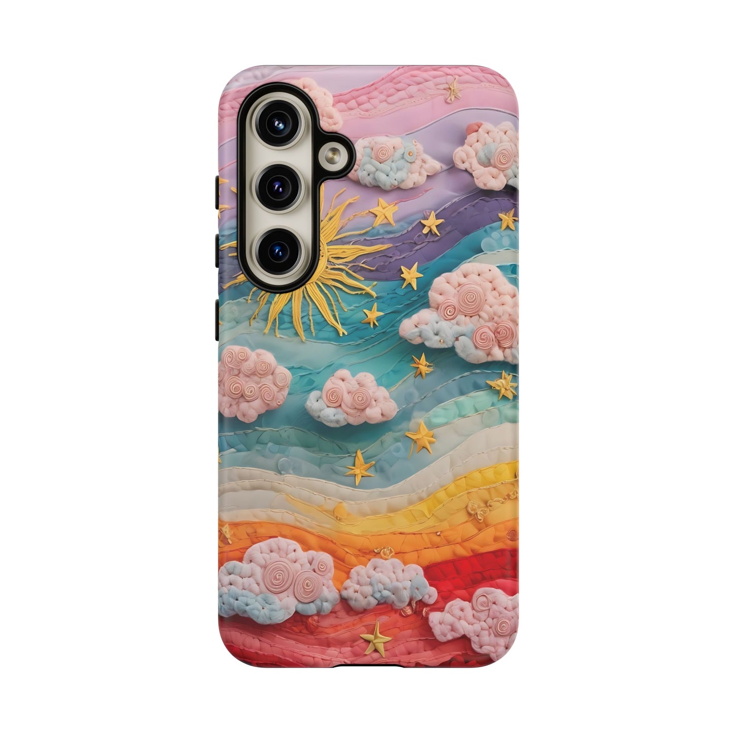Whimsical Fiber Art Sky Scene With Dynamic Stripes And Clouds phone case design.