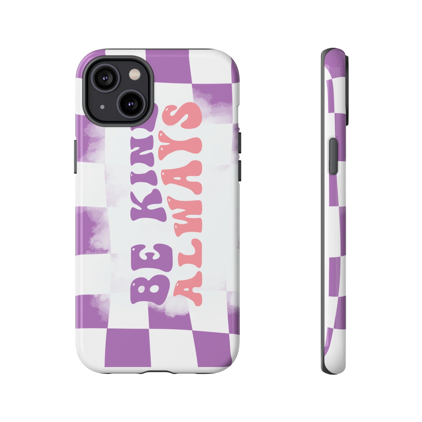 Be Kind Always Phone Case, Motivational Quote Cover for iPhone, Samsung & Google Pixel White Purple Checkered Pattern Phone Cover, Wavy Text Case, Kindness Phone Case, Inspirational Gift