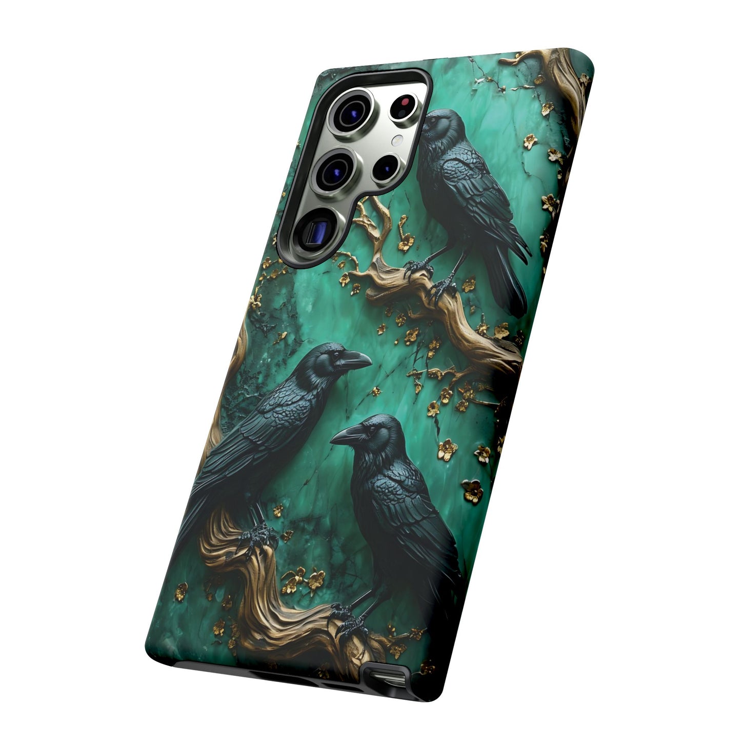 Three Black Ravens Perched On Gold-Accent Branches phone case design