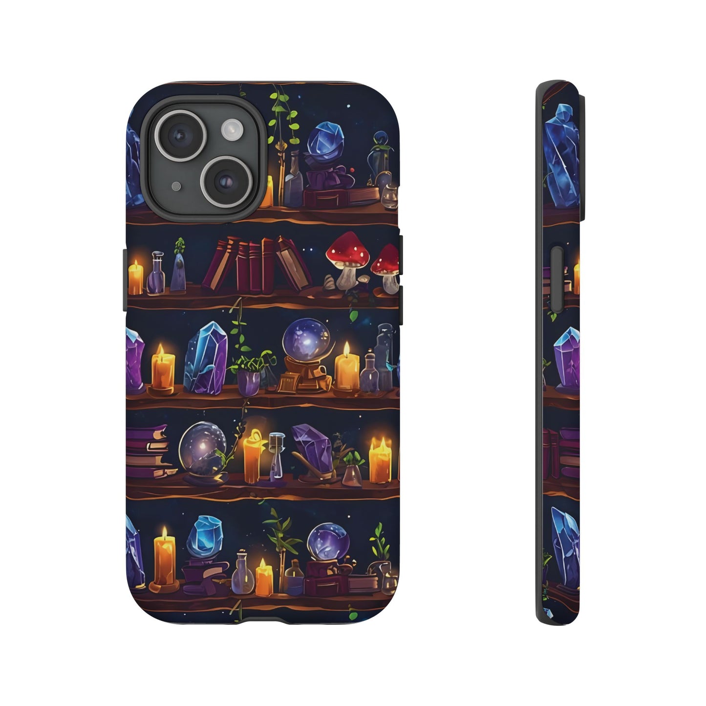 Fantasy Seamless Pattern Of Wooden Shelves Filled With Mystical Items phone case design.
