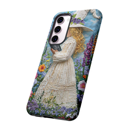 Whimsical Embroidery Of A Girl Reading In A Garden phone case design.