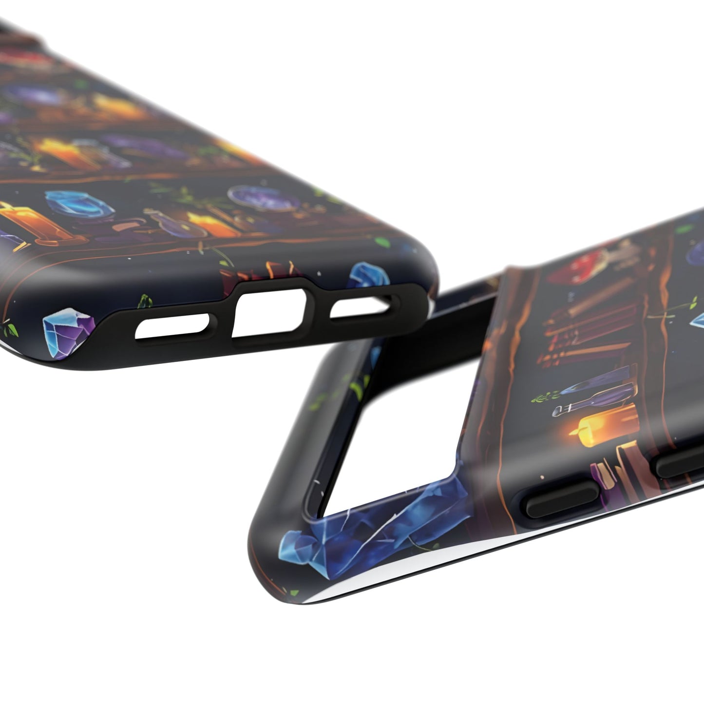 Fantasy Seamless Pattern Of Wooden Shelves Filled With Mystical Items phone case design.
