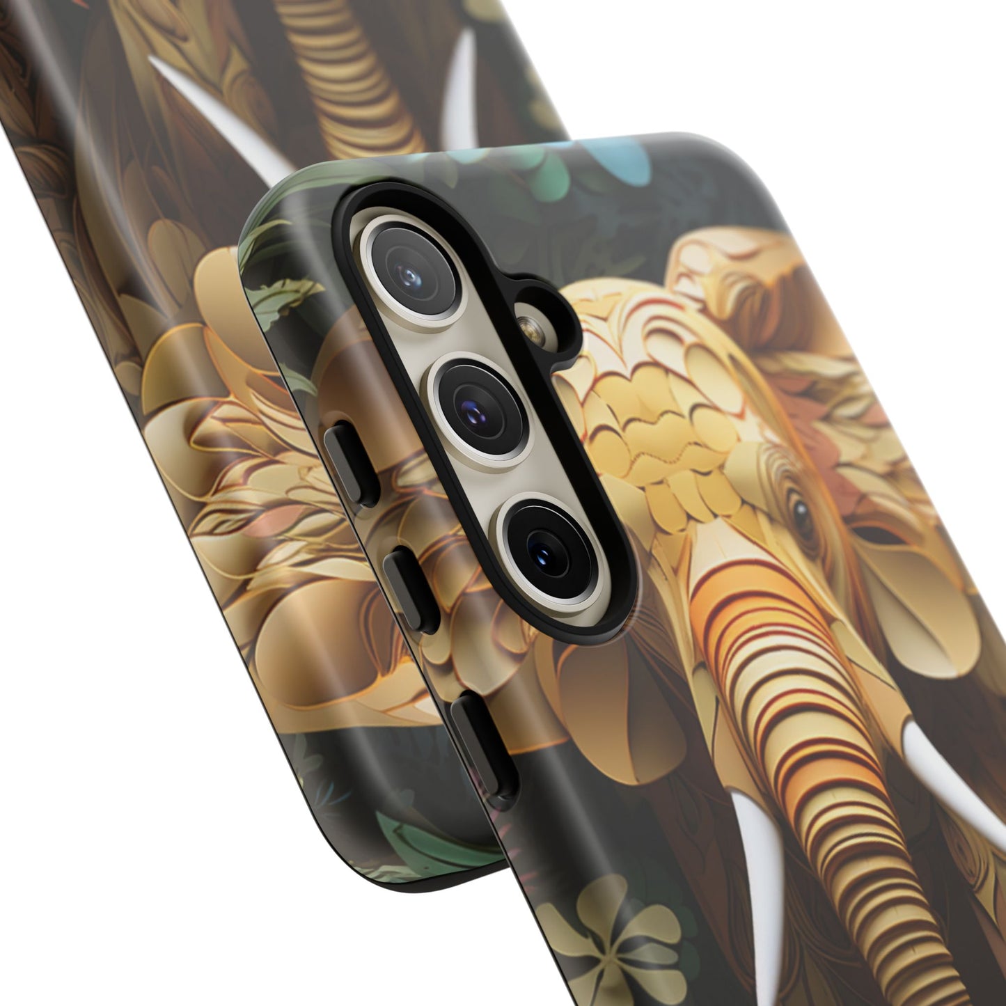 Golden Jungle Elephant Mobile Cover – Intricate Paper Art Design