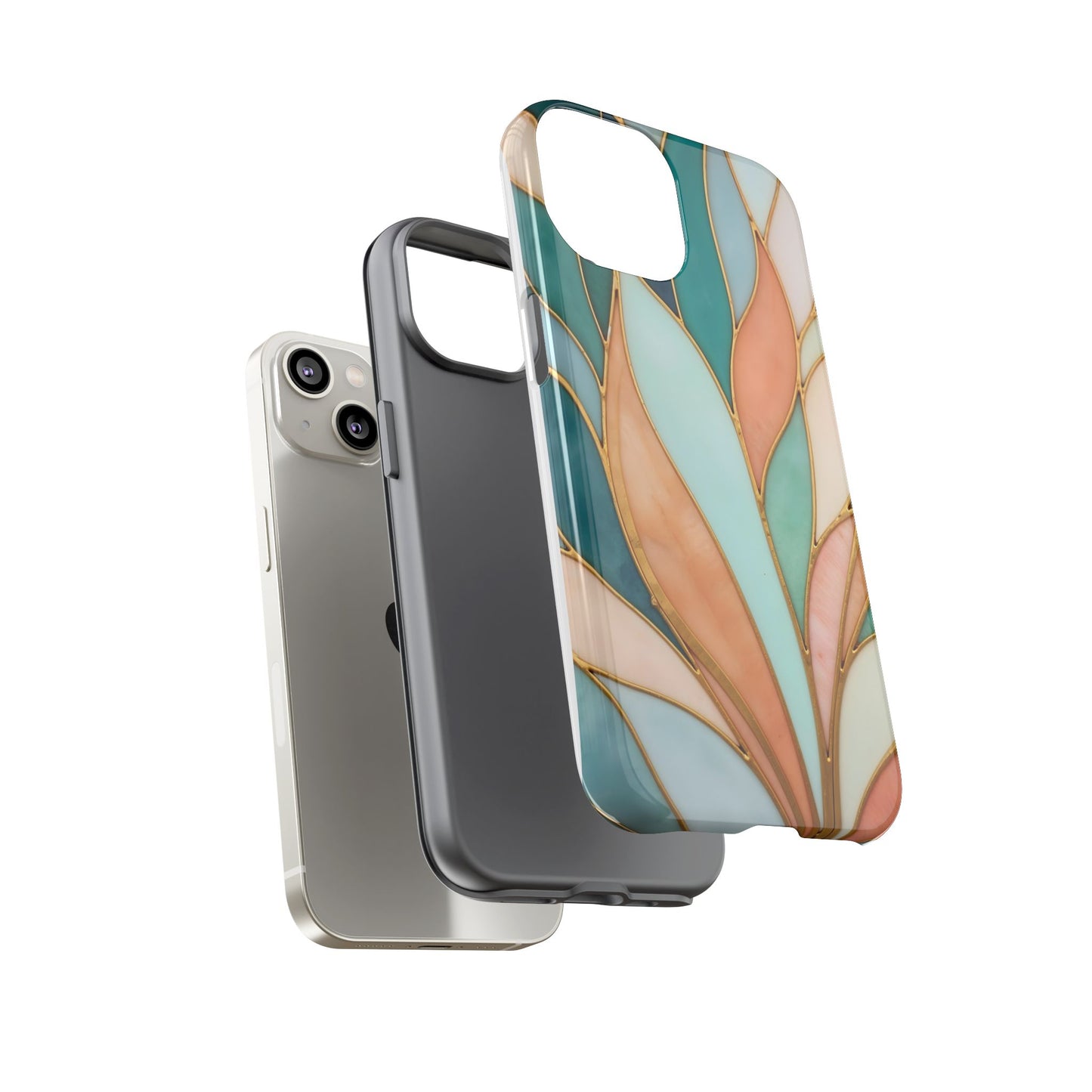 Geometric Leaves: Teal, Peach, and Gold Harmony