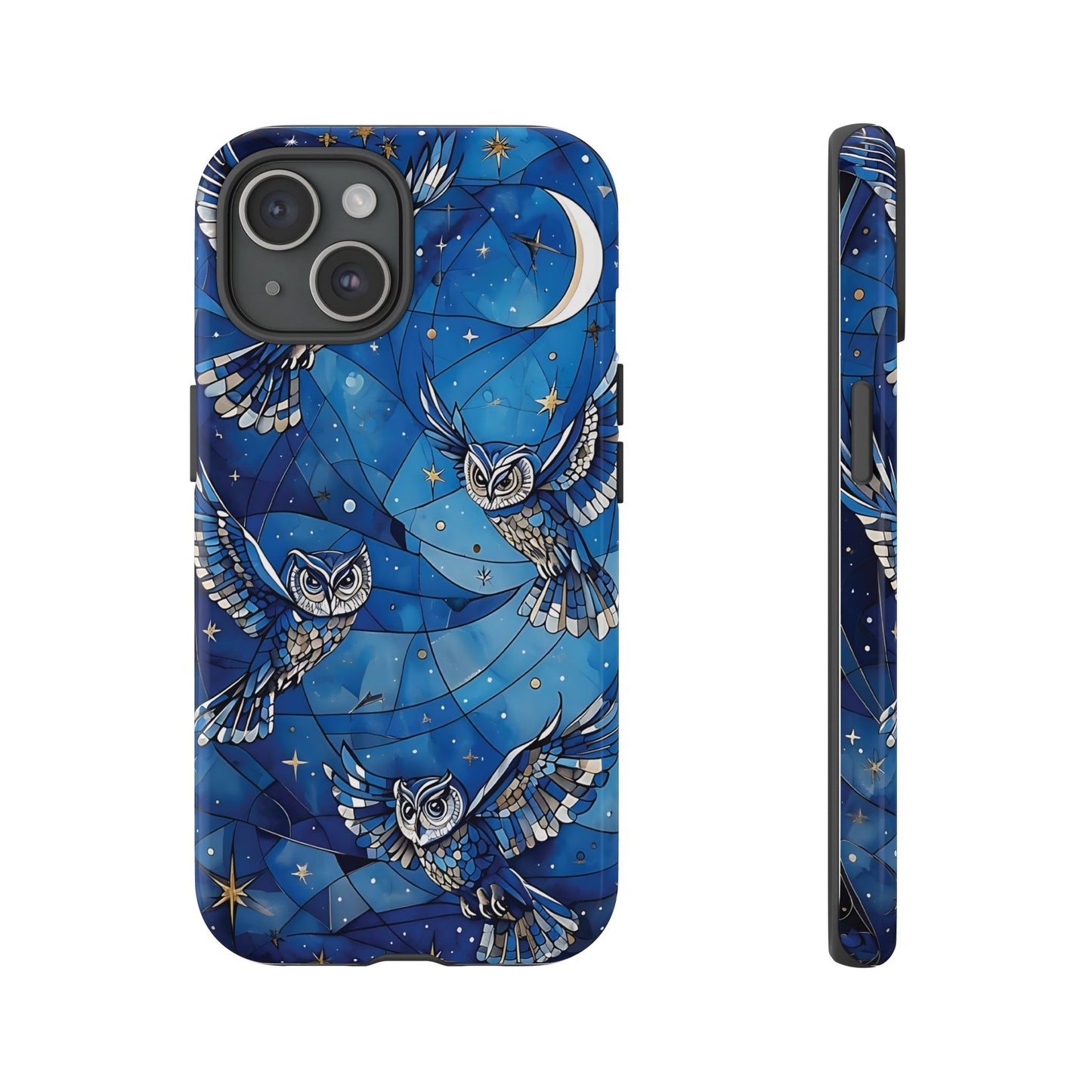 Surrealistic Owls Soaring Through A Celestial Night Sky phone case design.