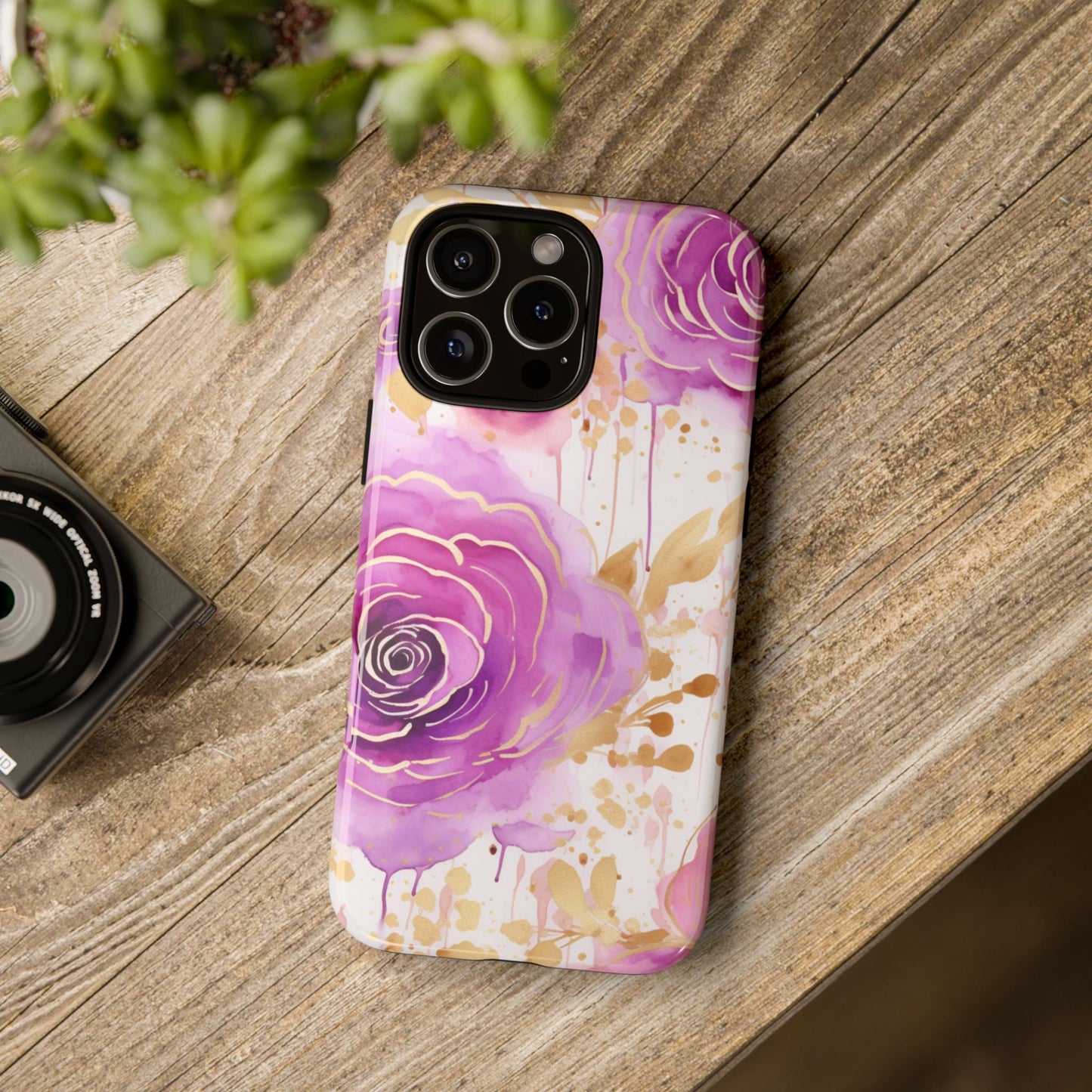 Elegant Purple-Gold Watercolor Rose Mobile Case