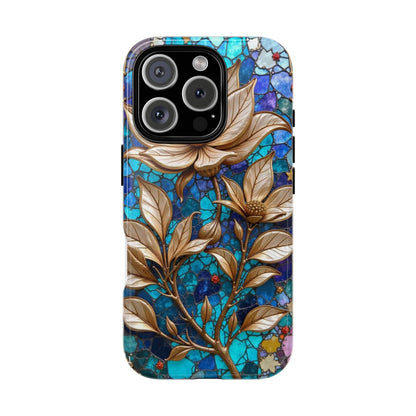 Golden Blossoms on Mosaic Blue Elegance