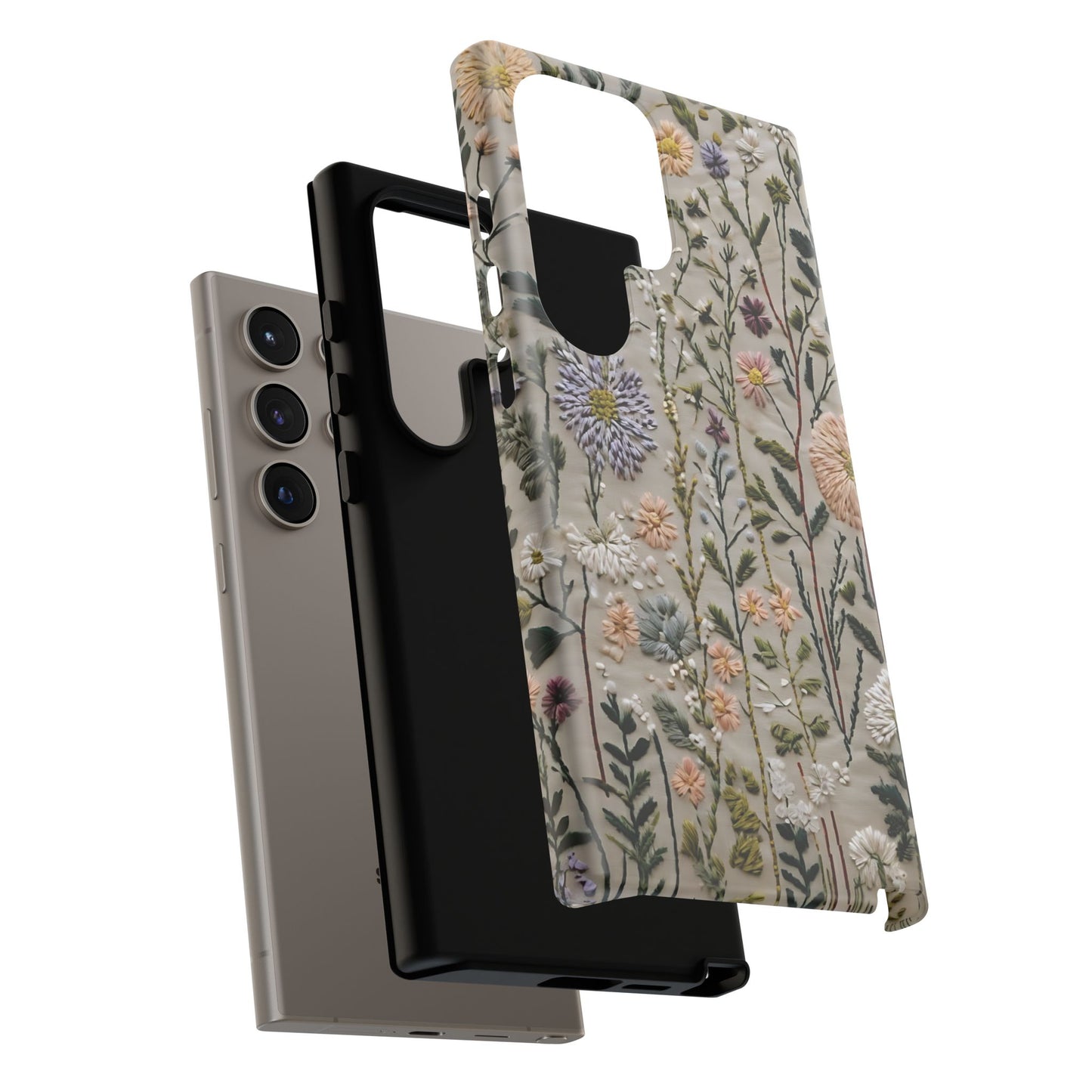 Intricate Embroidery Artwork Featuring Botanical Elements On Beige phone case design.