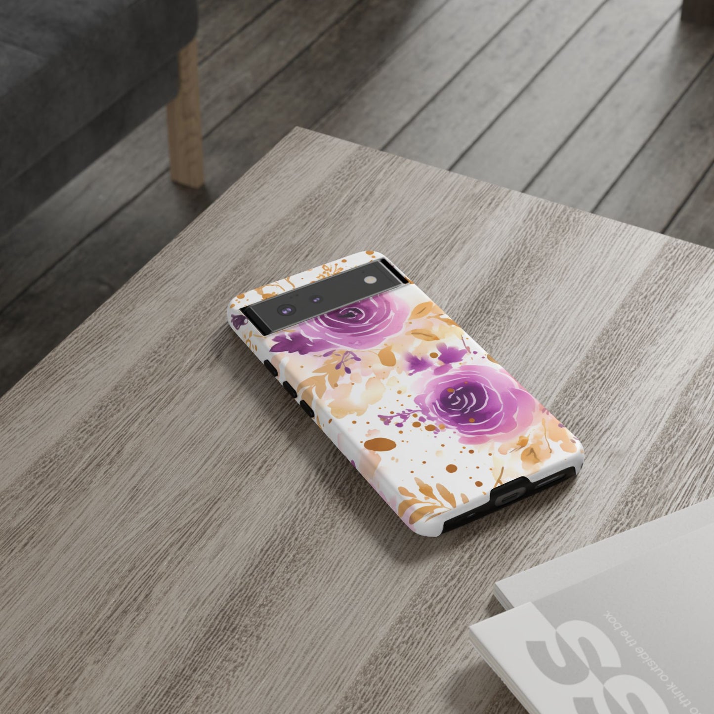 Purple Bloom Watercolor Mobile Case – Artistic Elegance in Gold & Lilac