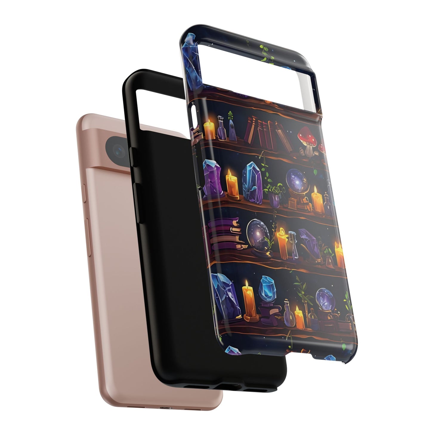 Fantasy Seamless Pattern Of Wooden Shelves Filled With Mystical Items phone case design.