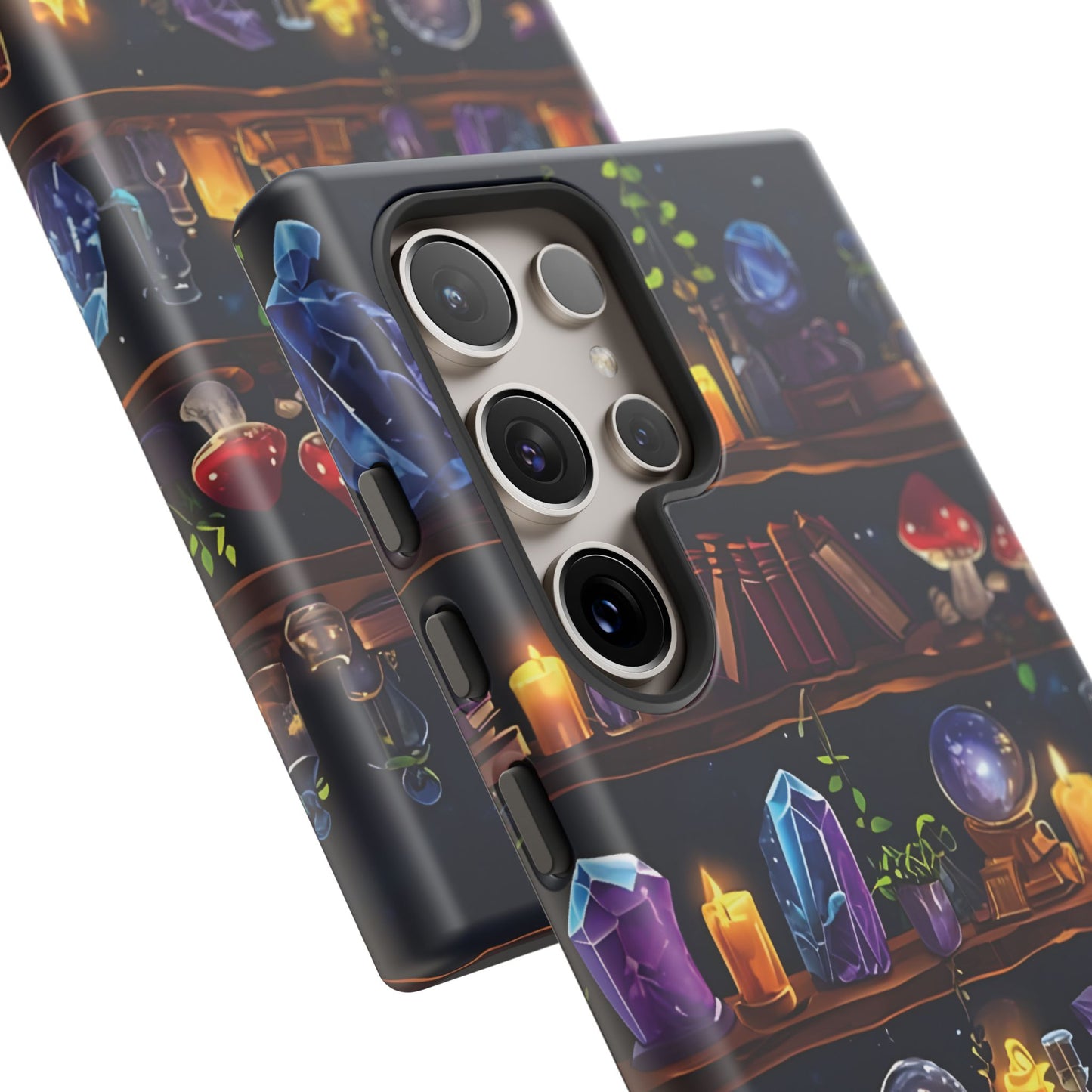 Fantasy Seamless Pattern Of Wooden Shelves Filled With Mystical Items phone case design.