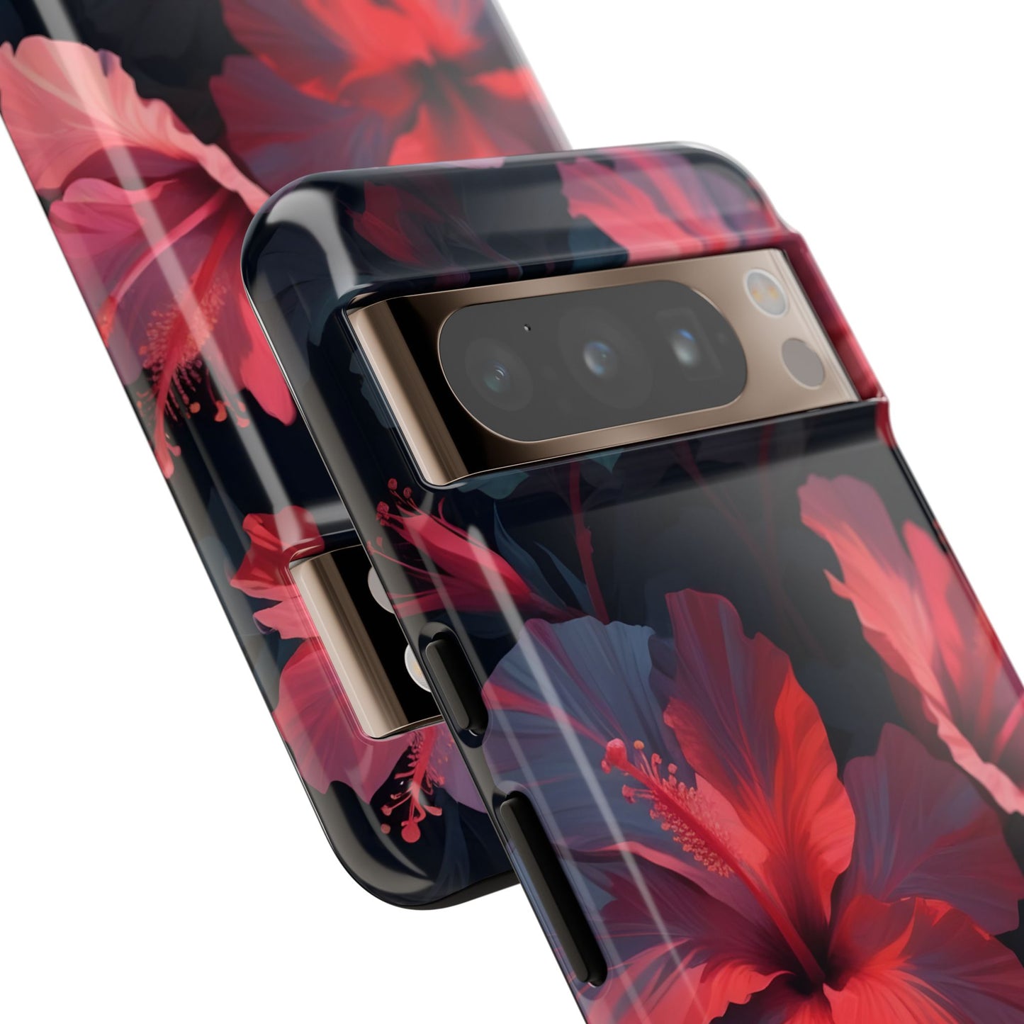 Vibrant red and pink hibiscus flowers blooming against a dark background| Floral phone case design