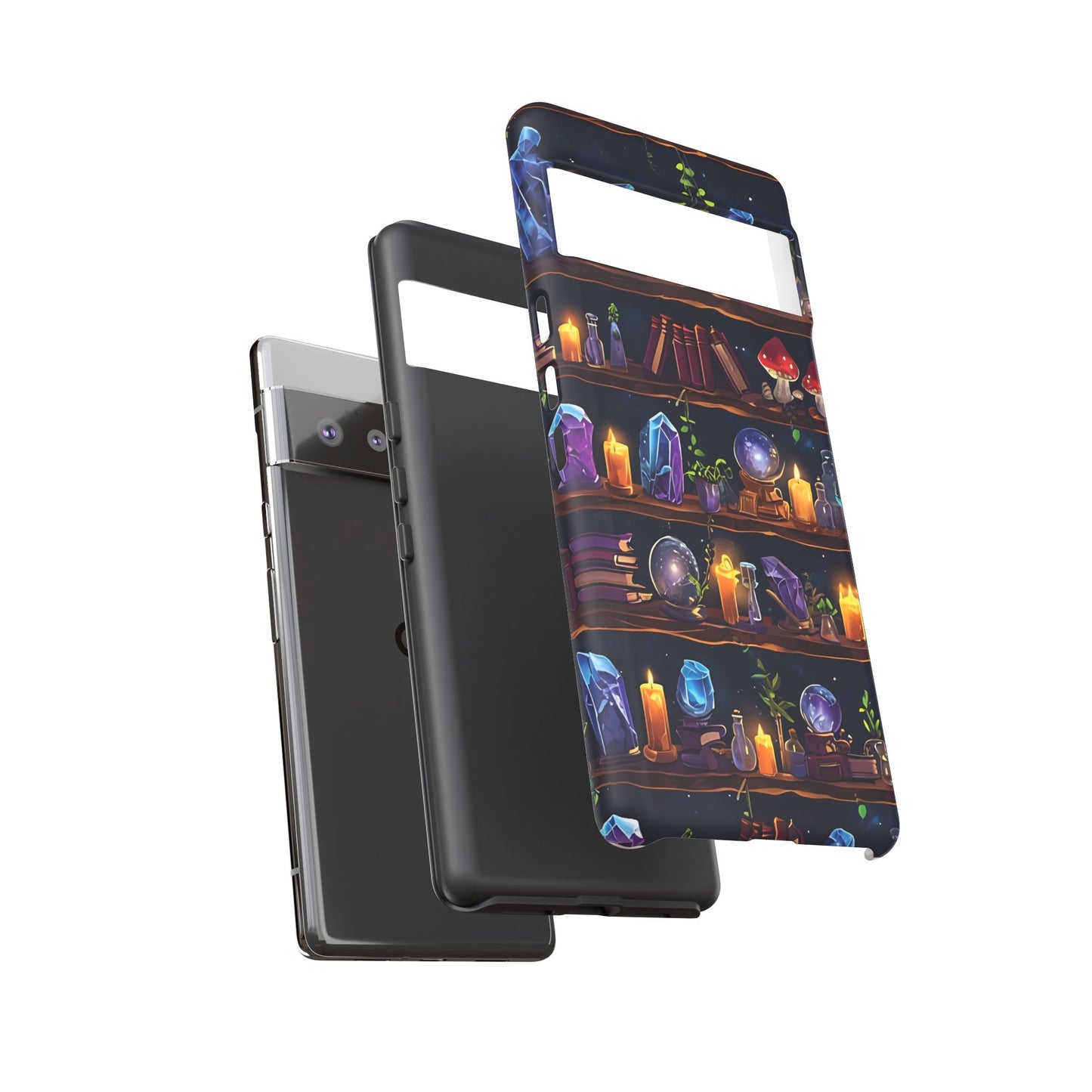 Fantasy Seamless Pattern Of Wooden Shelves Filled With Mystical Items phone case design.