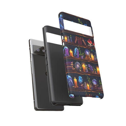 Fantasy Seamless Pattern Of Wooden Shelves Filled With Mystical Items phone case design.