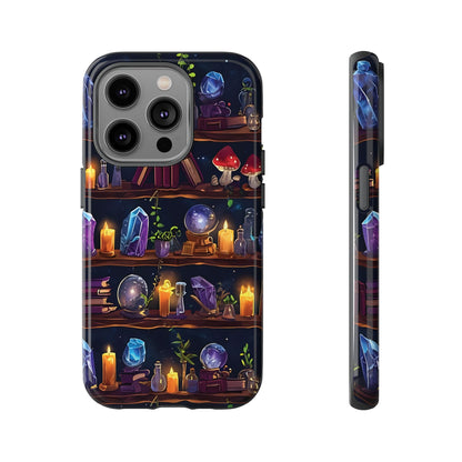 Fantasy Seamless Pattern Of Wooden Shelves Filled With Mystical Items phone case design.