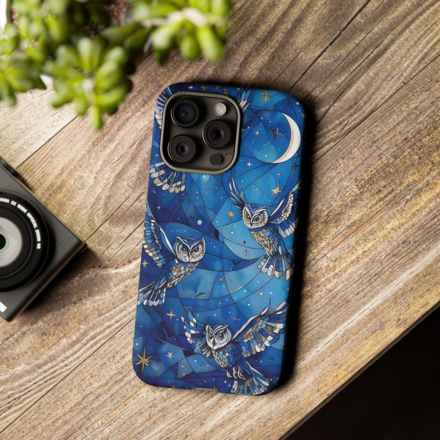 Surrealistic Owls Soaring Through A Celestial Night Sky phone case design.